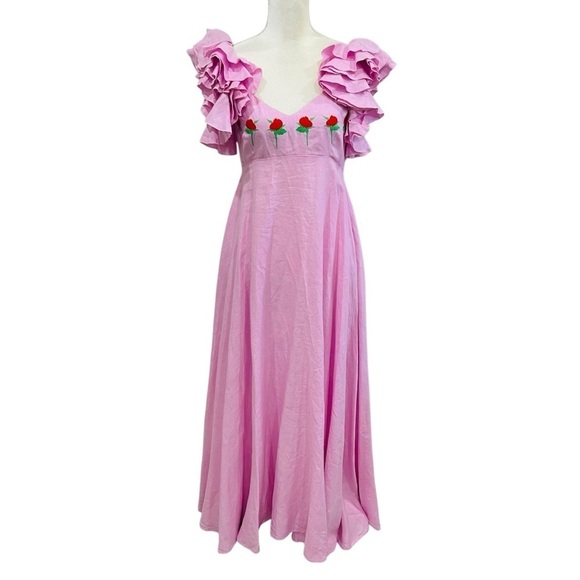 FANM MON XS Aster Pink Demre Linen Embroidered Maxi Dress Ruffle Sleeve NWT $357 - Picture 5 of 12